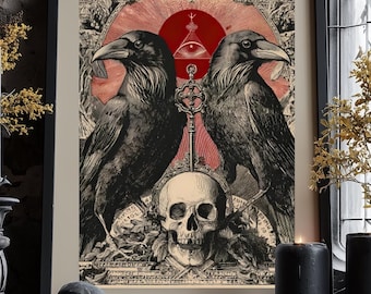 Occult Raven Art Print: Gothic Skull & Key, Dark Academia Decor