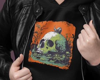 Sudadera con capucha de calavera gótica: ropa urbana alternativa con estampado a doble cara