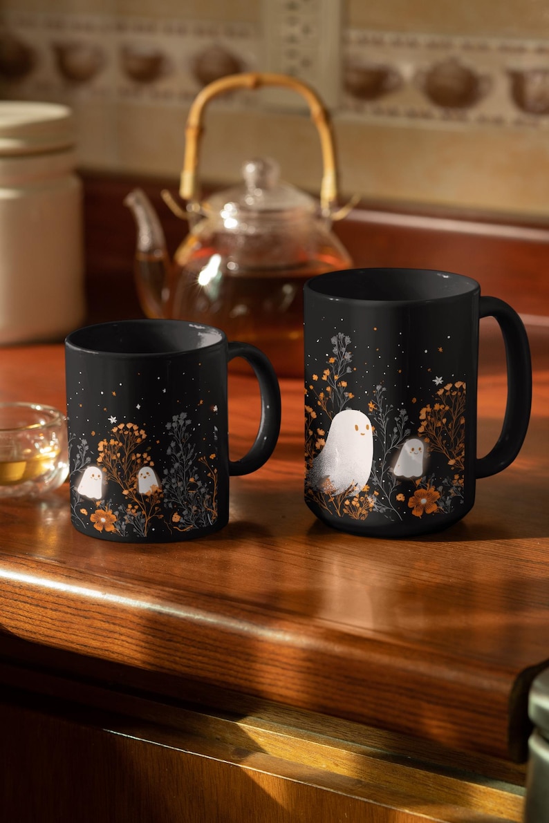 Cute Ghost Mug, Spooky Stars Night Sky Coffee Cup image 1