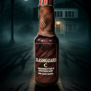 May include: A dark, stylized bottle of "Slashguard C" from Moonbitten's Apothecary. The bottle has a brown leather wrap and a red cap. The label features the text "Slashguard C" and "One Sate Sleer." The background shows a full moon and a spooky house.