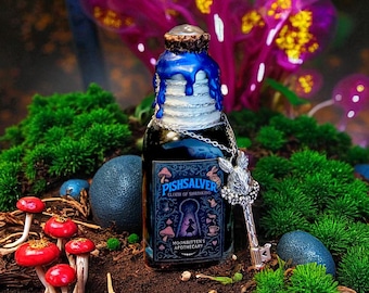 May include: A whimsical potion bottle with a blue wax seal and a silver key pendant. The label reads "Pishsalver, Elixir of Shrinking" and "Moonbitten's Apothecary." The scene includes red mushrooms, moss, and purple, glowing mushroom-like structures.