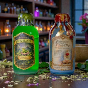 May include: Two decorative glass bottles with colorful labels. One bottle is green and labeled "Enchanted Frog Elixir" with a frog illustration. The other is blue and labeled "Enchantment of the Enchanted Rose" with a rose illustration.
