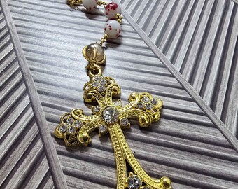 White and Red Glass Rosary – Gold Crystal Cross with Champagne Accent Beads