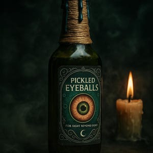 May include: A dark green glass bottle with a label reading "PICKLED EYEBALLS" and an image of an eyeball. The bottle's neck is wrapped in twine and sealed with dark green wax. A lit candle is in the background.