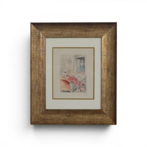 May include: A framed artwork featuring a colorful interior scene. The artwork depicts a room with figures, including one in a blue dress in a doorway. The frame is a gold color with a textured finish, and the artwork is matted.