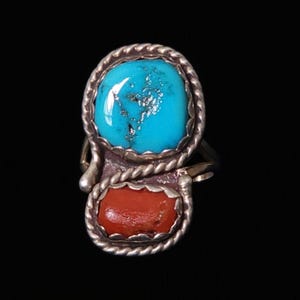 Navajo Sterling Turquoise & Coral Ring | Stamped G.B. Size 4.5