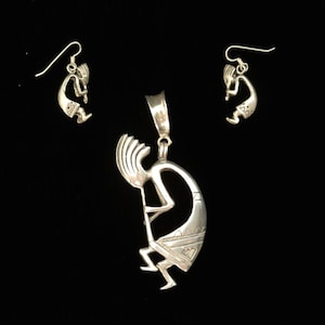 Zestaw biżuterii Kokopelli ze srebra próby 925 | Wisiorek i kolczyki z motywem flecisty