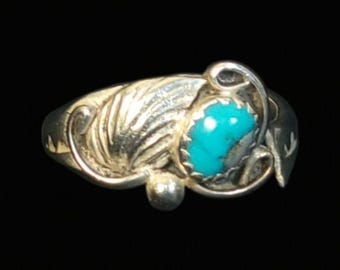 Navajo Sterling & Turquoise Ring | Feather Design | US Size 6.5