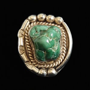 Vintage Navajo Turquoise Nugget Ring | Sterling Silver Rope & Bead Design | US Size 6