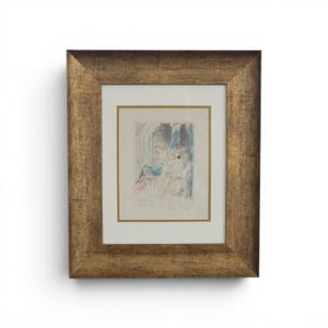 May include: A framed artwork featuring a print with a gold-toned frame. The print has a light background with figures in blue, pink, and white. The frame has a textured, metallic gold finish, and the artwork is centered on a white background.
