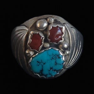 Navajo Turquoise & Coral Ring | Sterling Silver Engraved E.G. STER | US Size 12