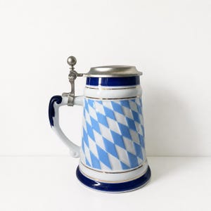 Vintage Gerz Germany Beer Stein with Pewter Lid No. 135 – Blue & White Bavarian Ceramic Stein – Collectible German Beer Mug