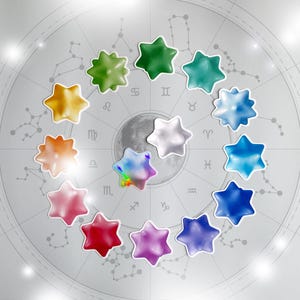 Puede incluir: Una disposición circular de doce objetos en forma de estrella de varios colores, incluyendo verde, azul y rojo, sobre un fondo gris con símbolos astrológicos y un gráfico de la luna. Las estrellas están dispuestas alrededor de un punto central.