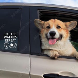Könnte beinhalten: Ein fröhlicher Corgi-Hund mit braun-weißem Fell, der seinen Kopf aus einem Autofenster steckt. Auf dem Fenster befindet sich ein Aufkleber mit der Aufschrift "COFFEE. WALKIES. REPEAT." Die Zunge des Hundes ist zu sehen.