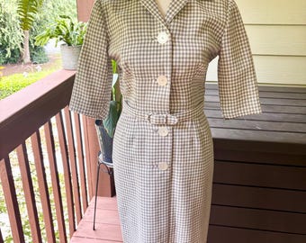 Vintage 1950s Handmade Gray Tweed Wiggle Dress | Belted Hourglass Secretary Dress | Classic Mid Century