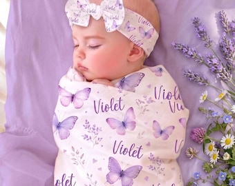 Purple Butterfly Personalized Swaddle Blanket Set for Girl Baby Shower Gift Bow Hat Head band Birth Stat Sign Newborn Name Custom Lavender