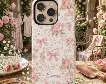 Personalized Pink Coquette iPhone 12 Case Floral Bow Phone Cover Vintage Rose Cottagecore Aesthetic Custom Name Monogram Cute MagSafe Casing