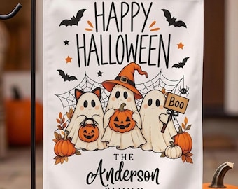 Halloween Garden Flag Outdoor Display Family Name Custom Design Pumpkin Fall Decoration Welcome Sign For Halloween Garden Decor with Ghost