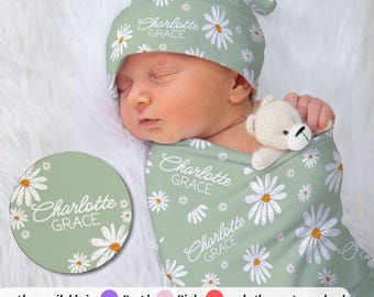 Personalized Daisy Swaddle Blanket for Baby Girl Baby Shower Gift with Floral Flowers Custom Name Hat Bow Sign for Newborn Hospital Pictures
