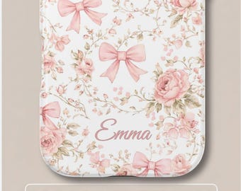 Personalized Pink Coquette Bow Phone Case Cute Vintage Floral Custom Name Cell Cover for iPhone 17 16 15 13 11 Samsung Shabby Chic Monogram
