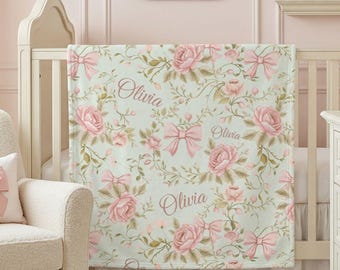 Pink Coquette Bow Floral Toile Baby Blanket Personalized Newborn Name Wrap Baby Girl Rose Hand-painted Nursery Heirloom Baby Shower Gift