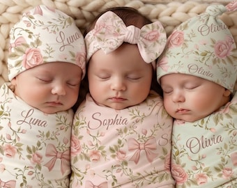 Pink Coquette Bow Floral Toile Swaddle Bow Set Hat Headband Sign Personalized Newborn Name Wrap Baby Girl Rose Heirloom Baby Shower Gift