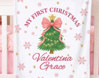 Personalized My First Christmas Blanket Baby Girl Gift Pink Bow Tree Baby Shower Gift Custom Baby Name Keepsake Baby Blanket Holiday Present