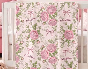Rose Personalized Blanket Custom Baby Shower Gift for Baby Girl Birthday Pink Coquette Bow Floral Toile Newborn Name Wrap Wildflower Nursery
