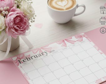 Kalenderplaner „Pink Coquette Bow“ für 2026/2027 – Monatskalender im Querformat zum Ausdrucken – Digitaler Download – Sofort druckbarer PDF-Wandkalender – Schreibtischkalender