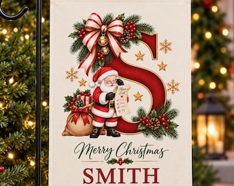 Personalized Christmas Flag Santa Design Monogram Garden Front Porch Holiday Decoration Custom Family Name Outdoor Yard Patio Welcome Sign