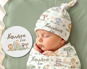 Personalized Safari Swaddle and Hat Set Zoo Baby Shower Gift Custom Newborn Name Jungle Animal Swaddle Set for Boy Elephant Giraffe Lion Zoo