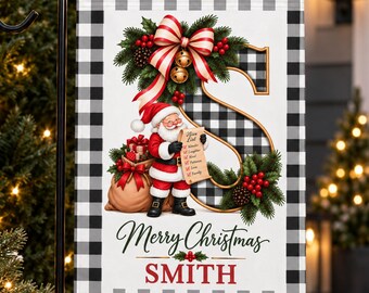 Personalized Holiday Garden Flag for Christmas Gingham with Santa Design Monogram Front Porch Decor Custom Last Name Sign Double Sided Patio