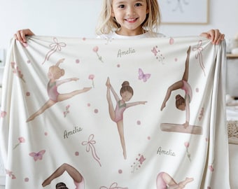 Custom Gymnastics Name Blanket for Girls Personalized Gymnast Gift Throw for Kids Birthday Present for Tweens Toddlers Keepsake Pink Bows