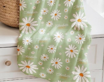 Personalized Baby Blanket Custom Name Daisy Fleece Toddler Bedding Nursery Gift Newborn Plush Minky Throw Infant Bedding Girl Coverlet Child