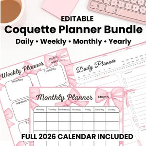 Pink Coquette Bow Planner Printable Bundle | Daily, Weekly, Monthly & Yearly Planner Pages | Blank Calendar  Habit Tracker | Undated PDF