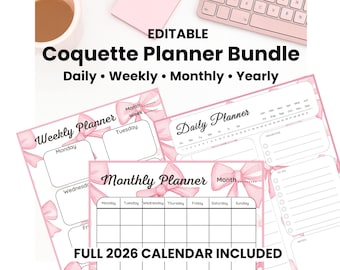Pink Coquette Bow Planner Printable Bundle | Daily, Weekly, Monthly & Yearly Planner Pages | Blank Calendar  Habit Tracker | Undated PDF