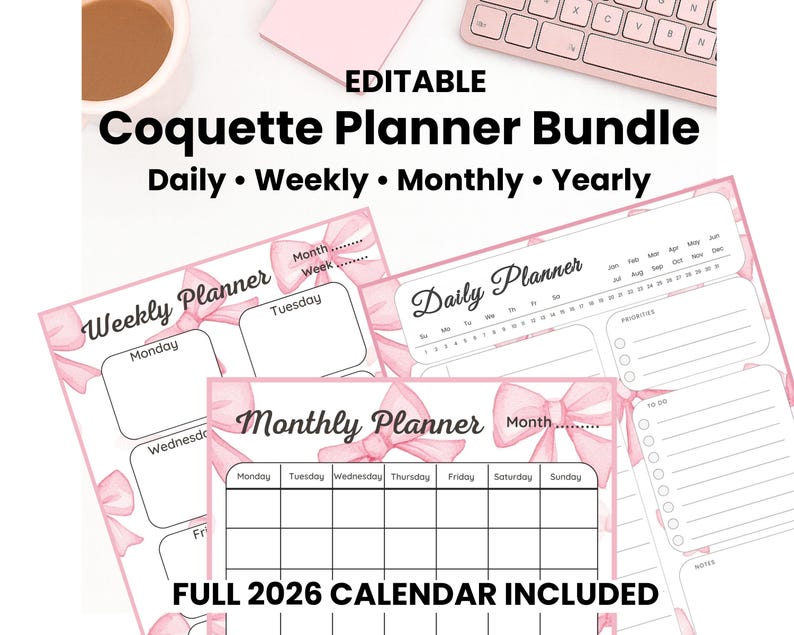 Pink Coquette Bow Planner Printable Bundle | Daily, Weekly, Monthly ...