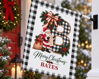 Personalized Christmas Flag Gingham Santa Design Monogram Garden Front Porch Holiday Decoration Custom Family Name Outdoor Yard Patio Decor