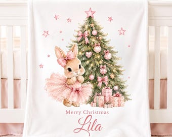 Personalized Christmas Blanket for Girl Gift from Grandparent Pink Bow Tree Baby Shower Gift Custom Name Keepsake Throw Holiday Present