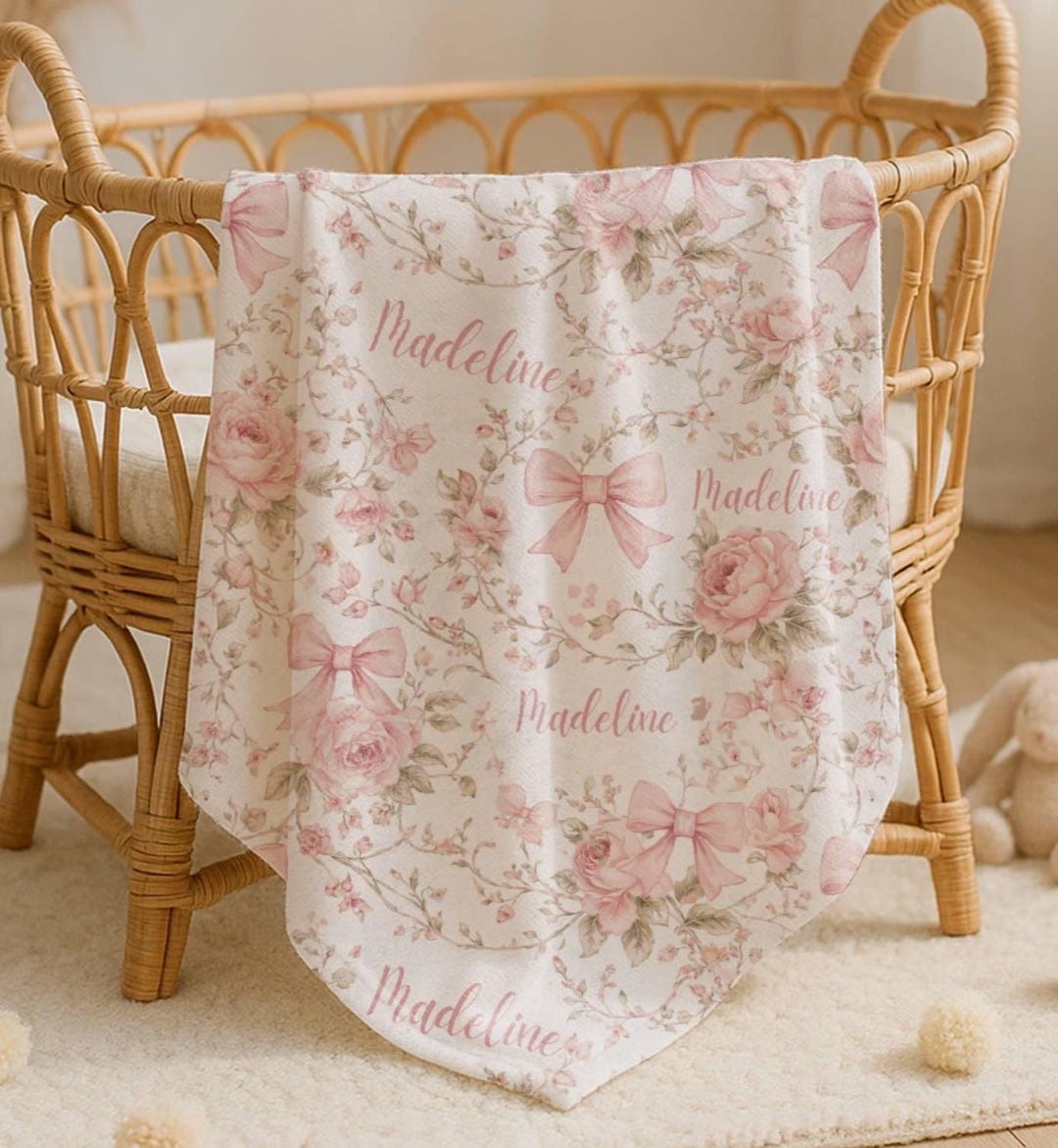 Pink Coquette Bow Floral Toile Baby Blanket Personalized Newborn Name ...