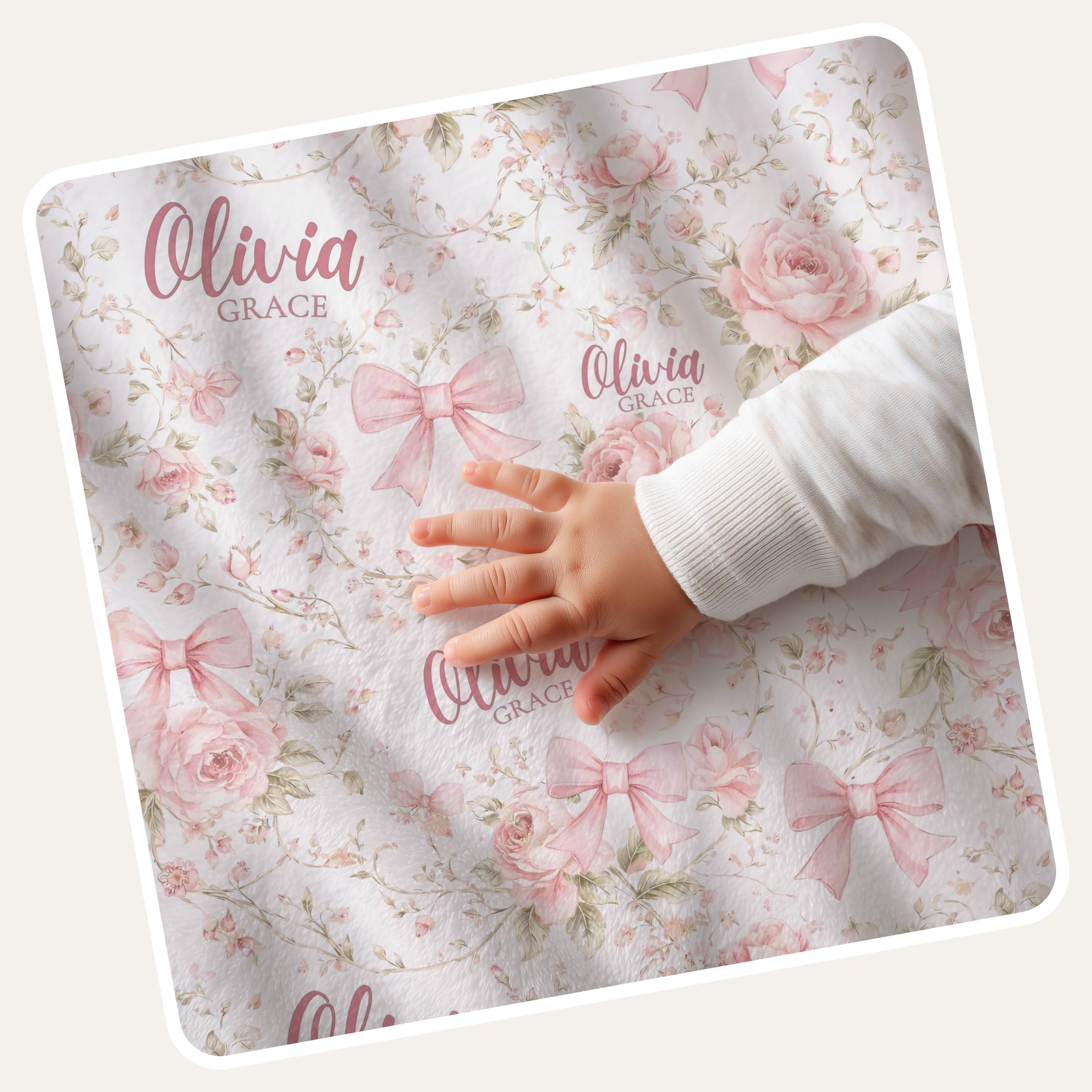 Pink Coquette Bow Floral Toile Baby Blanket Personalized Newborn Name ...
