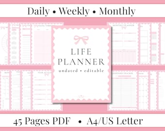 Pink Coquette Bow Planer Printable Bundle Tages-, Wochen-, Monats- und Jahresplaner Seiten Leerer Kalender Undatierter PDF-Lebensplaner Bearbeitbar