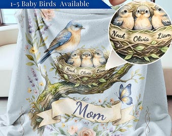 Personalized Family Bird Blanket Custom Mom Blanket with Kids Names Gift for Mom Customizable Grandma Gigi Nana Mimi Throw Mothers Day Gift