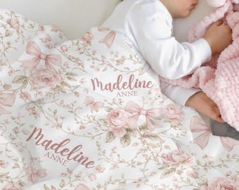 Pink Coquette Bow Floral Toile Baby Blanket Personalized Newborn Name Wrap Baby Girl Rose Wildflower Nursery Heirloom Baby Shower Gift