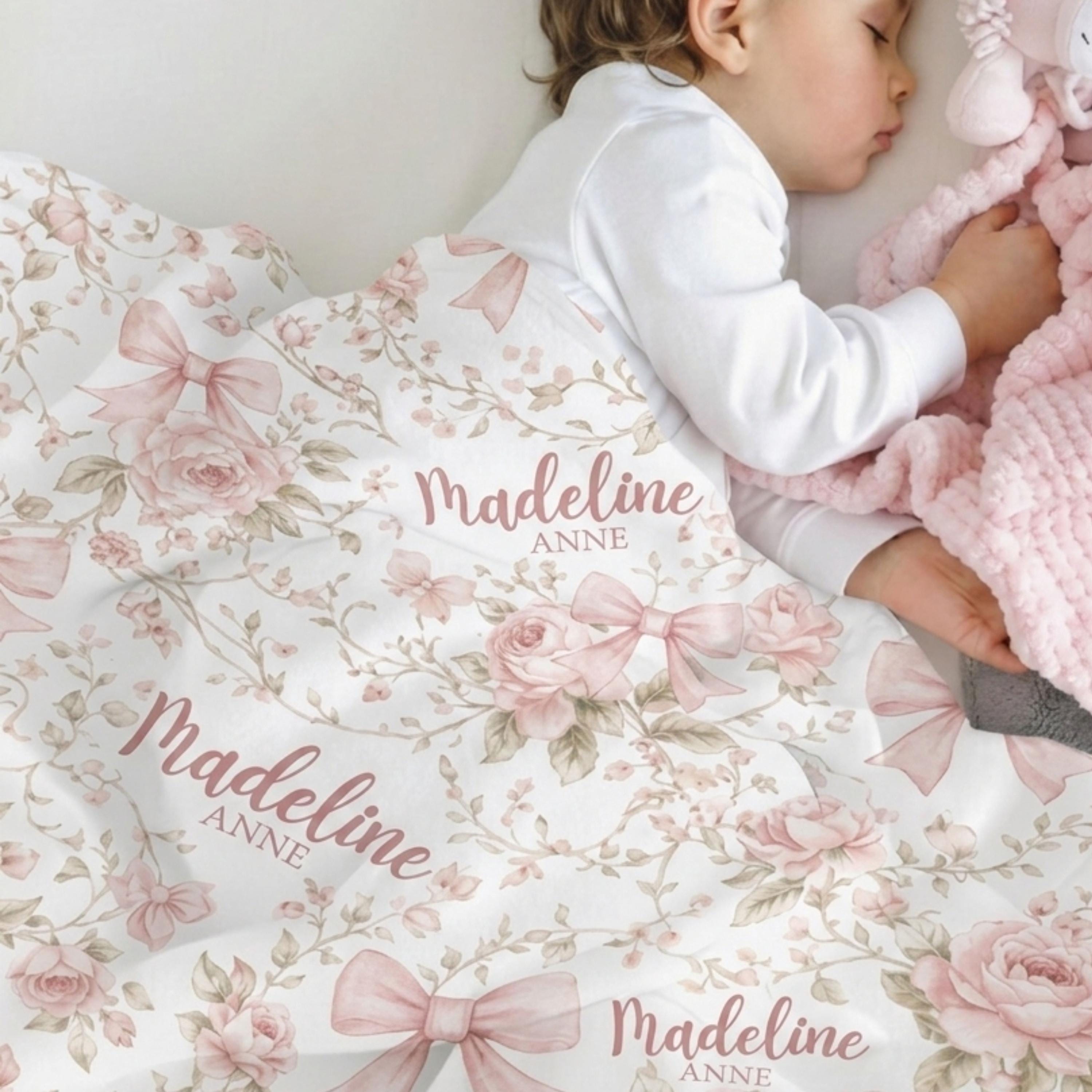 Pink Coquette Bow Floral Toile Baby Blanket Personalized Newborn Name ...