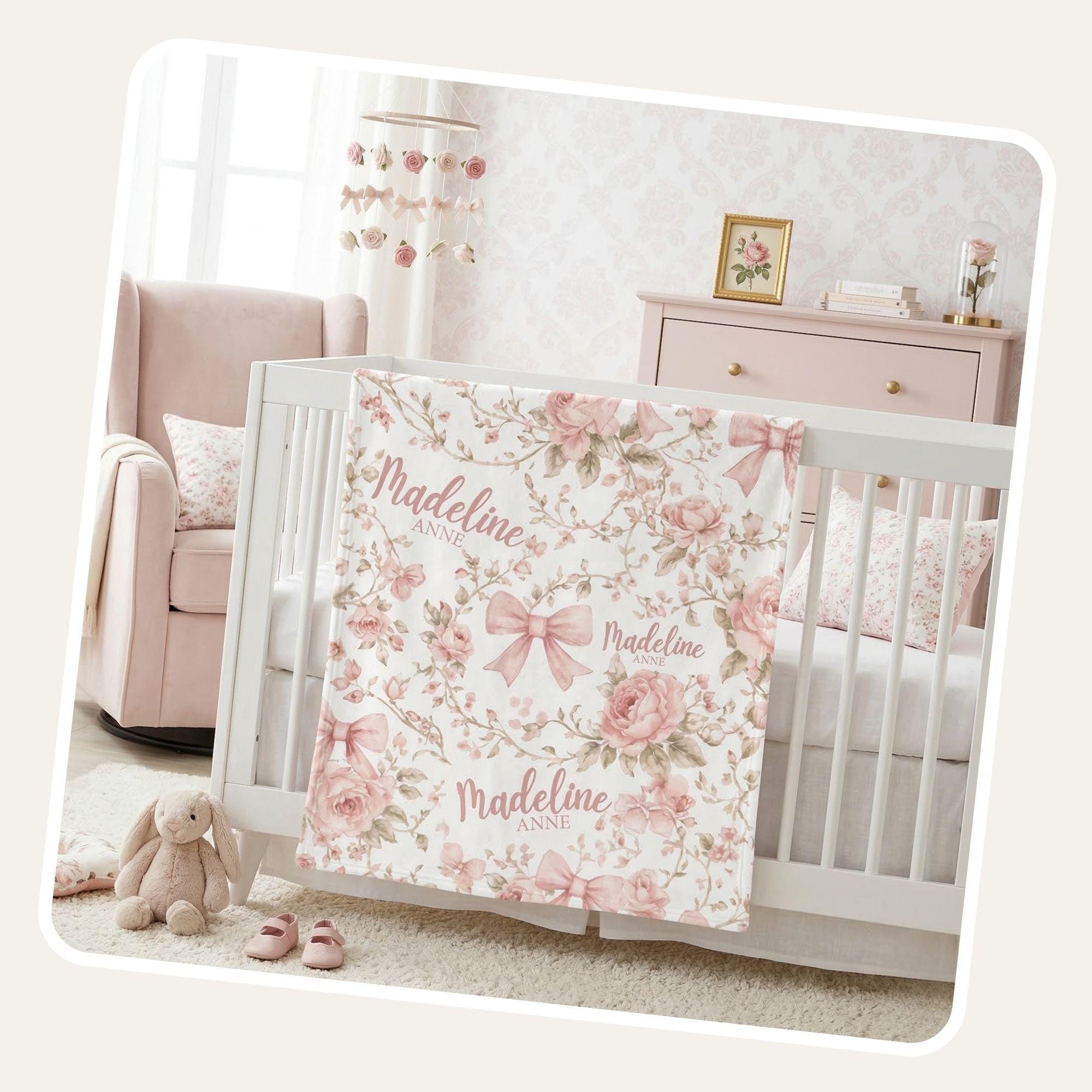 Pink Coquette Bow Floral Toile Baby Blanket Personalized Newborn Name ...
