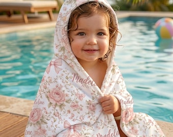 Personalized Floral Pink Bows Hooded Towel for Baby Girl and Kids Baby Shower Gift Newborn Essential Coquette Bows Custom Name Vintage Roses
