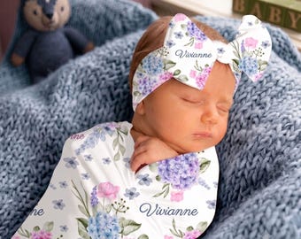 Floral Swaddle Bow Set for Baby Girl Hat Headband Sign Personalized Newborn Name Blanket Heirloom Custom Monogram Baby Shower Gift Hydrangea