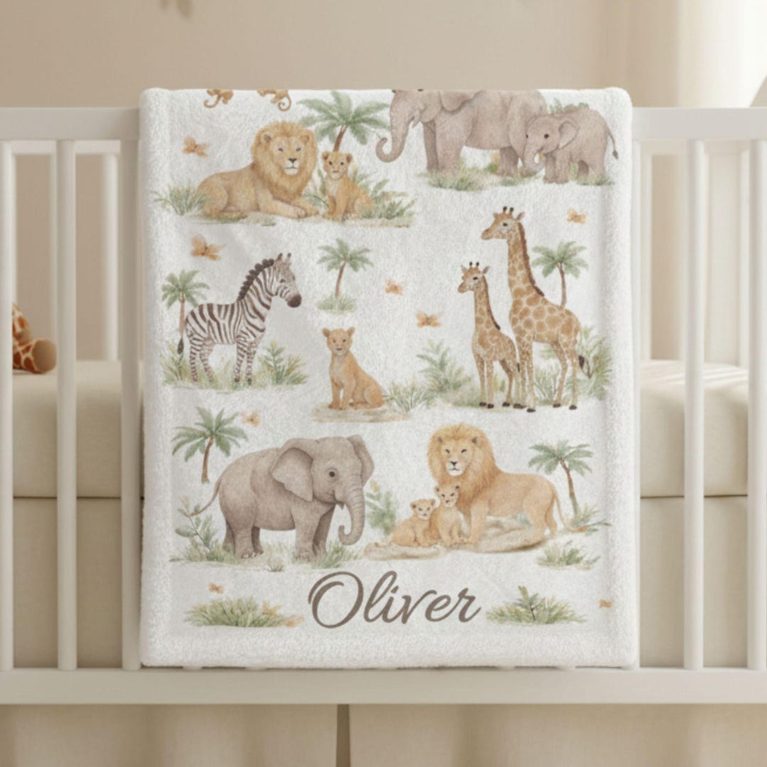 Custom Safari Animal Baby Blanket for Boy Personalized Name Jungle ...