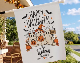 Halloween Garden Flag Personalized Family Last Name Custom Monogram Outdoor Yard Banner Autumn Seasonal Front Porch Decor with Ghosts